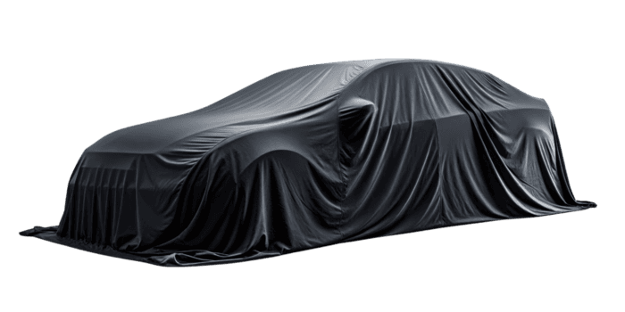 covered car under black cloth hinting at new model reveal png